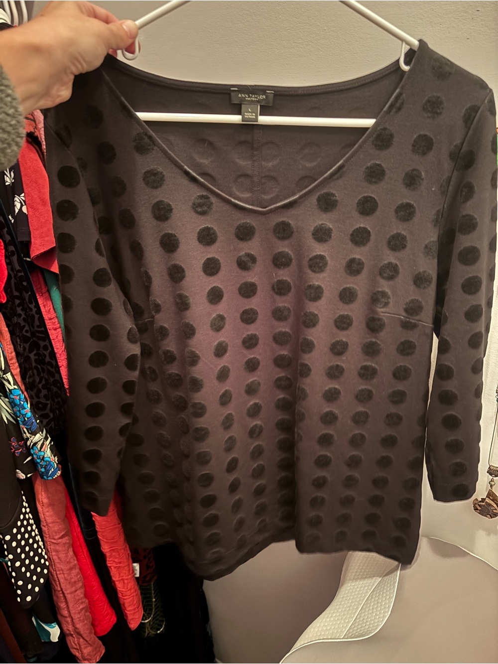 Ann Taylor Black Velvet Dot V‑Neck Top